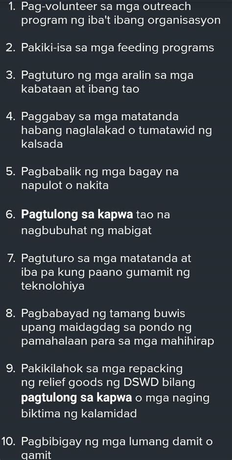 Magbigay ng 10 halimbawa ng pagtulong sa kapwa .